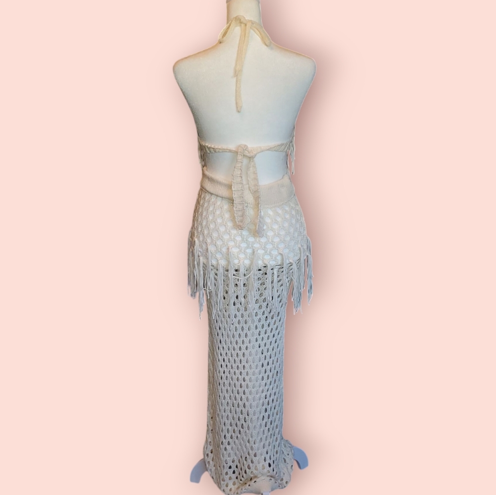 BRAND NEW NASTY GAL Crochet Tassel Tie Back Bralette and Maxi Skirt Set CREAM - Picture 9 of 13